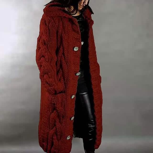 Maroon women’s hooded cable-knit cardigan sweater, chunky open-front with buttons