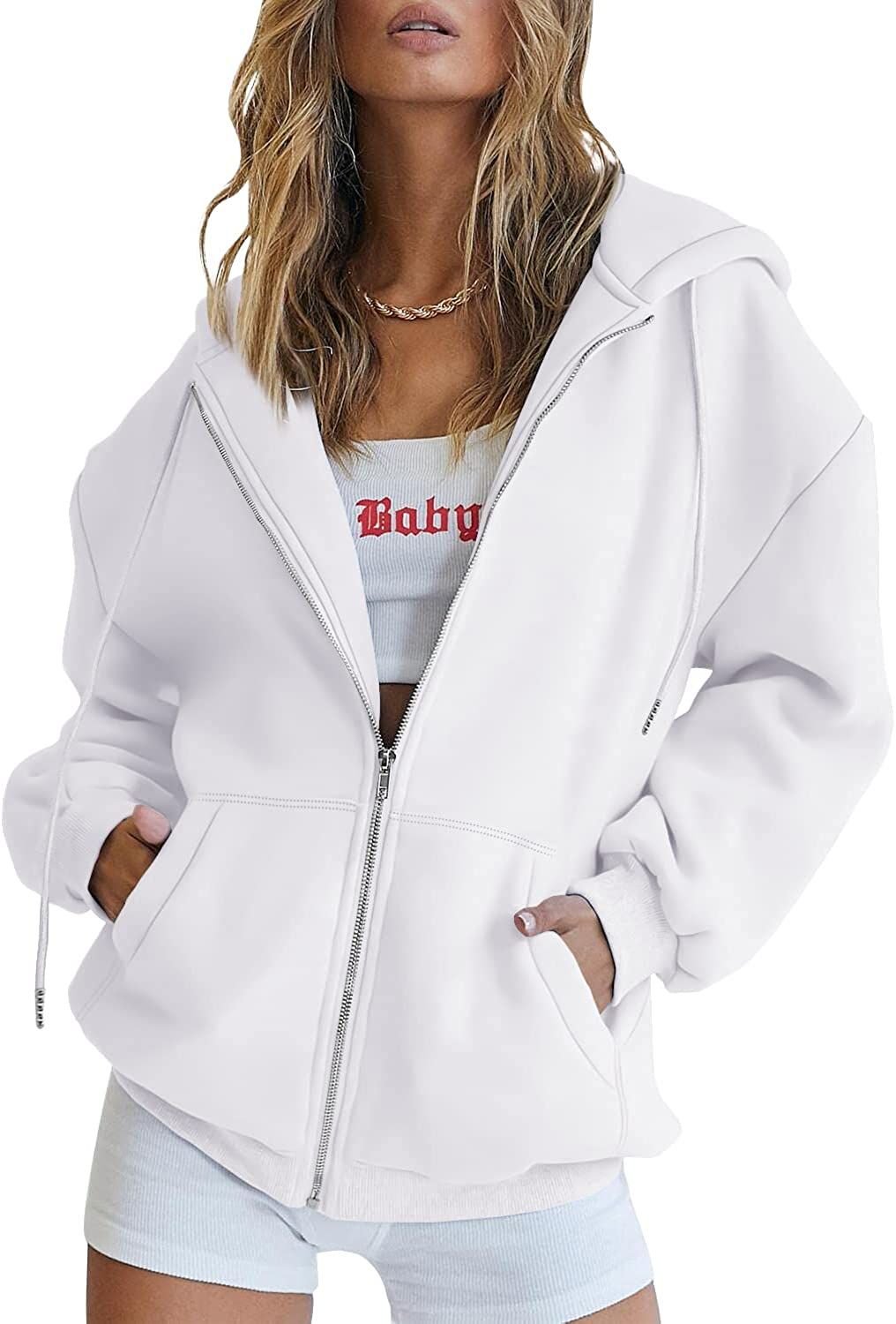 White zip-up hoodie with hood, drawstring, front zipper, and kangaroo pocket