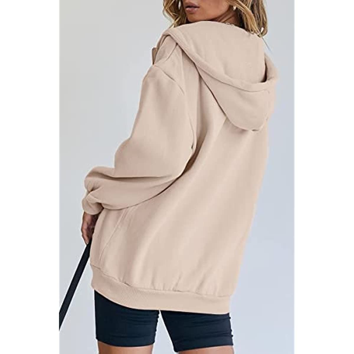 Beige oversized hooded jacket with drawstring, back view
