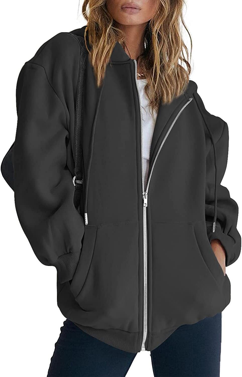 Women’s zip-up hoodie in dark gray/black with drawstring hood, front pockets, zipper