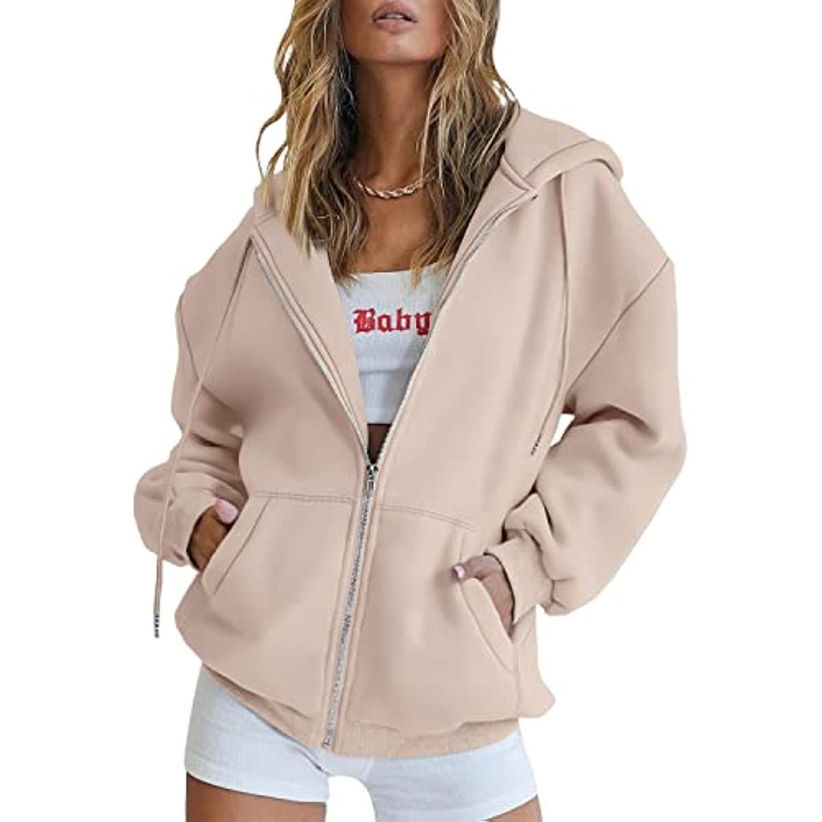Beige zip-up hoodie with hood and drawstring, front pockets