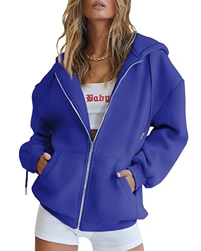 Royal blue zip-up hoodie with hood, drawstring, and front zipper pockets