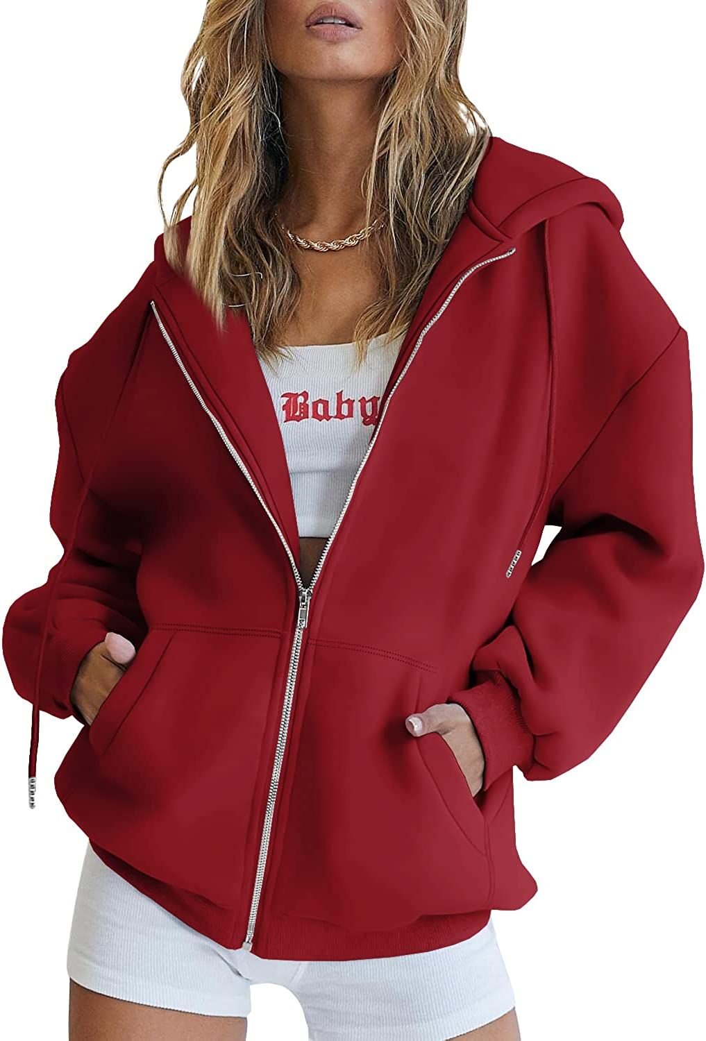 Red zip-up hoodie with hood, drawstring, and front pockets