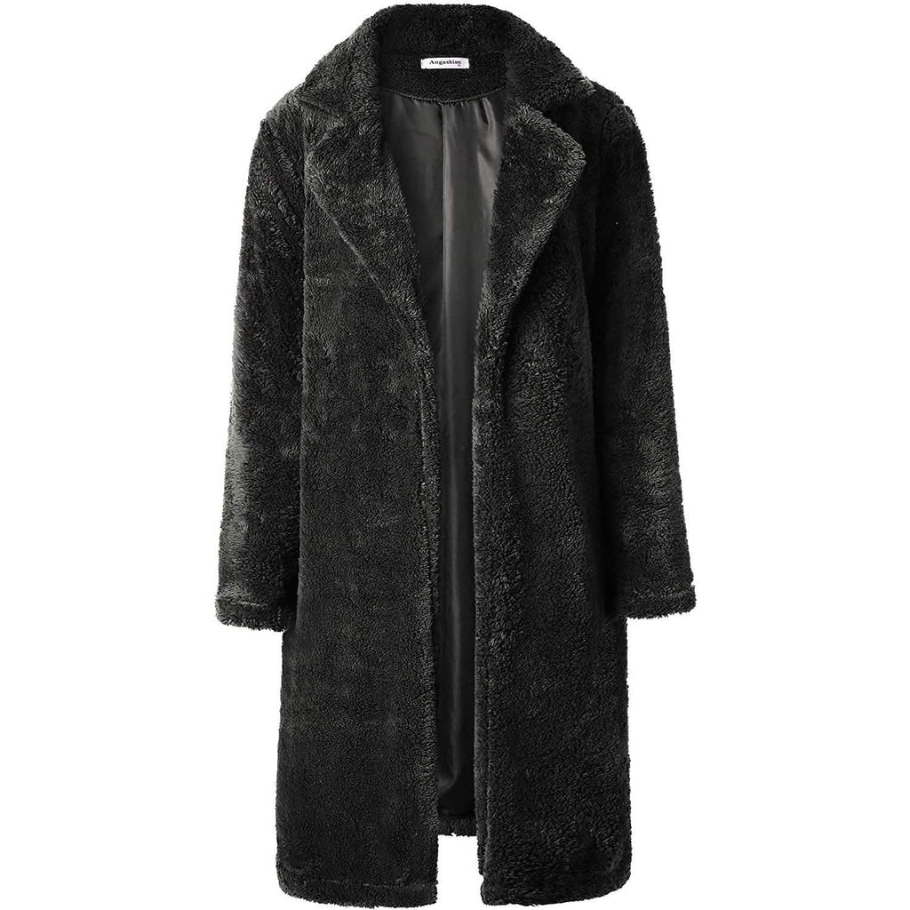 Black fuzzy fleece long cardigan coat with open front and lapels, long sleeves