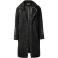 Black fuzzy fleece long cardigan coat with open front and lapels, long sleeves