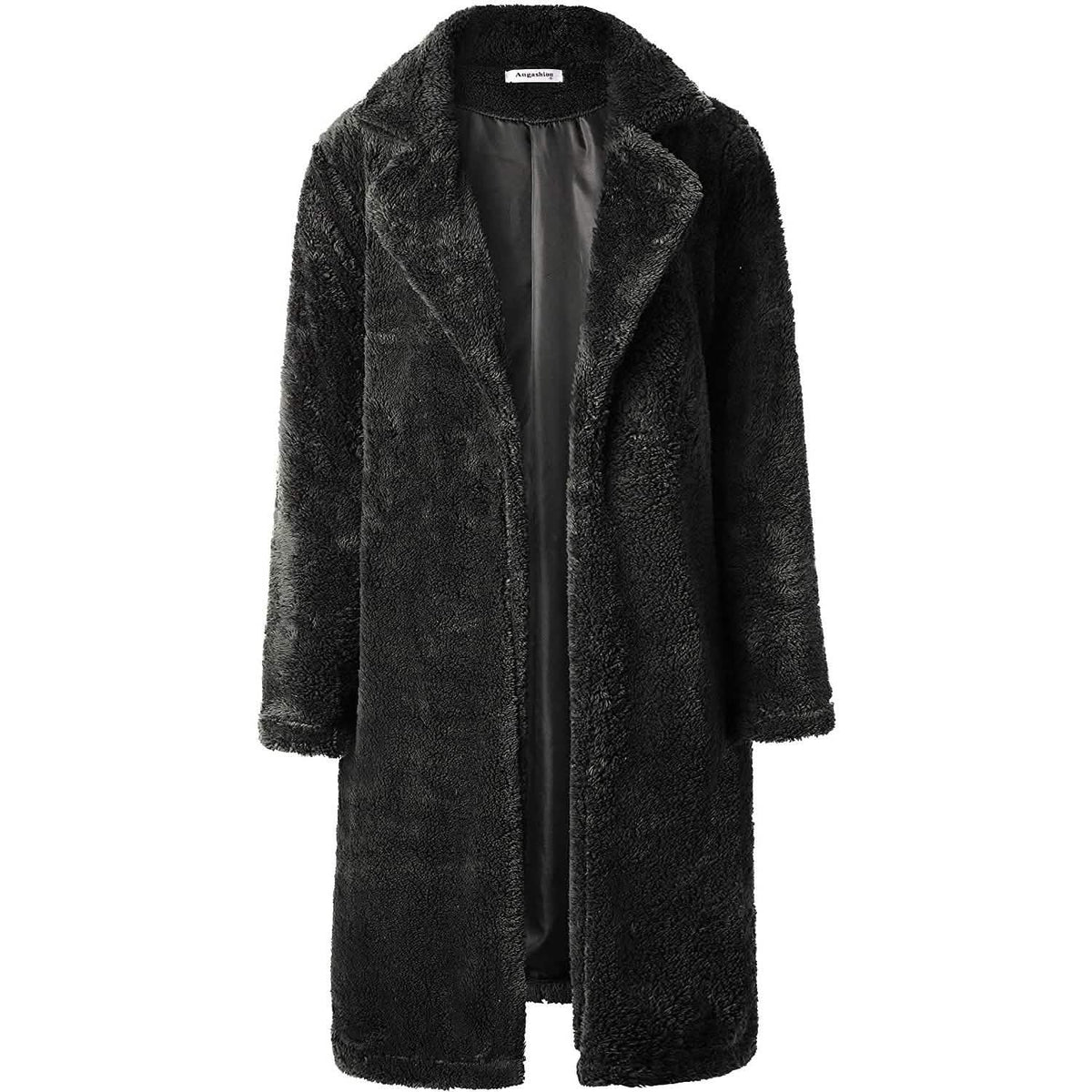 Black fuzzy fleece long cardigan coat with open front and lapels, long sleeves
