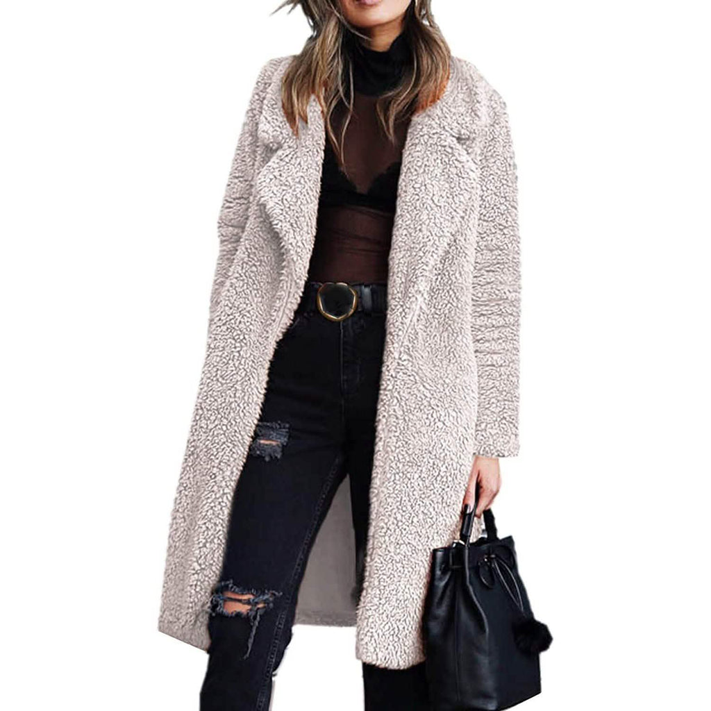 Light beige fuzzy fleece long cardigan coat with lapel, open front, long sleeves
