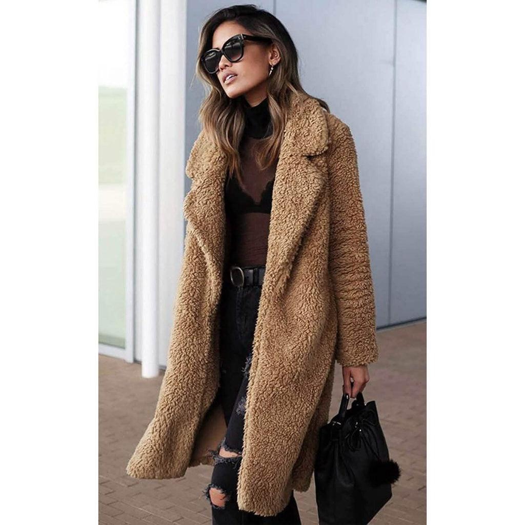 Camel brown fuzzy fleece long cardigan coat with lapel, open front, long sleeves