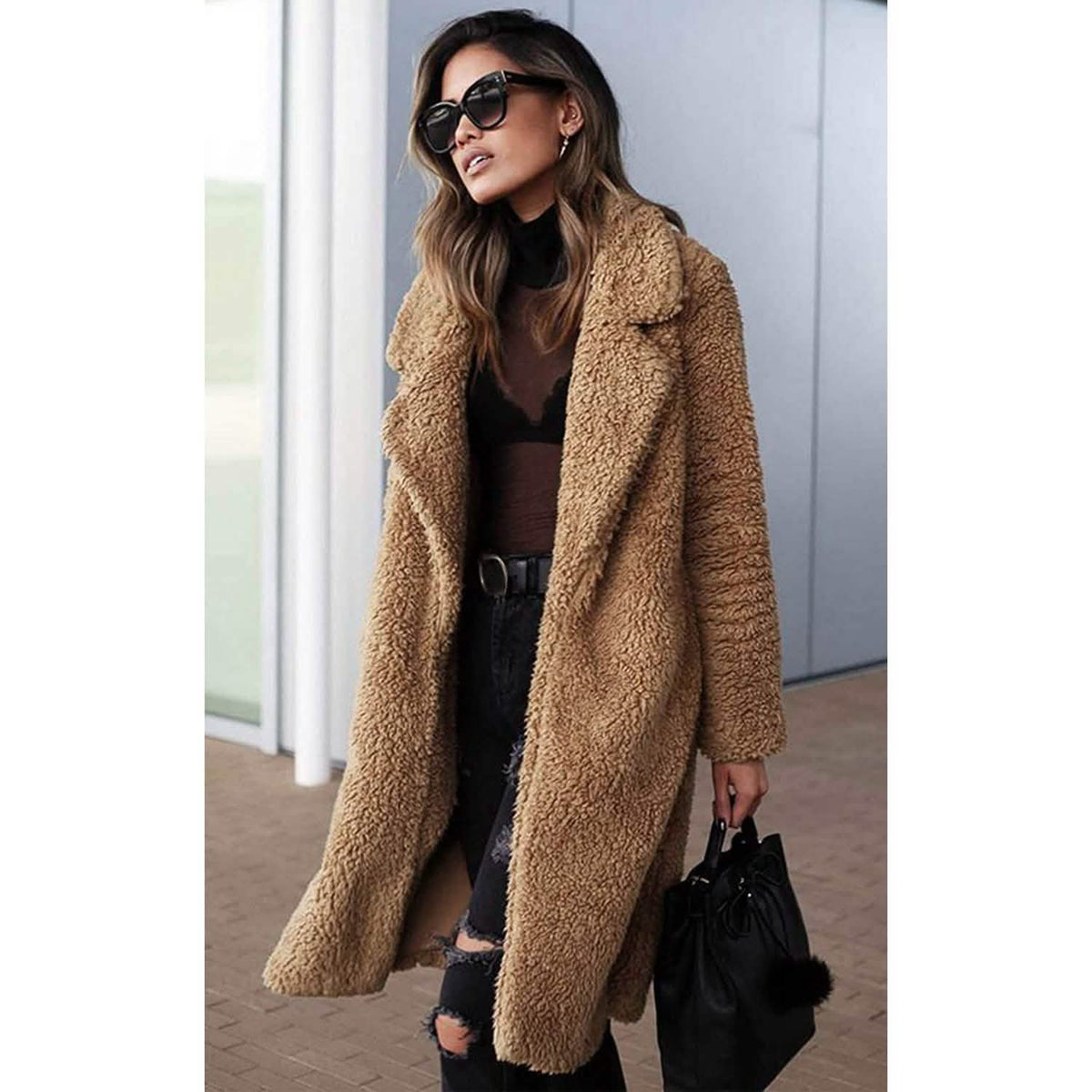 Camel brown fuzzy fleece long cardigan coat with lapel, open front, long sleeves