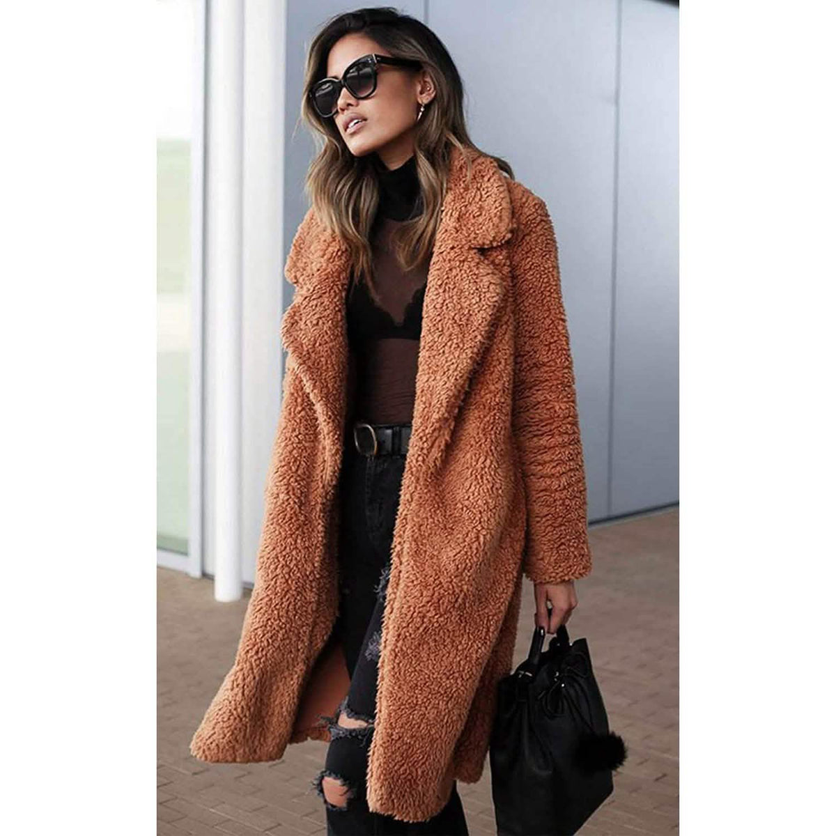 Women’s apricot fuzzy fleece long cardigan with lapel, open front, long sleeves