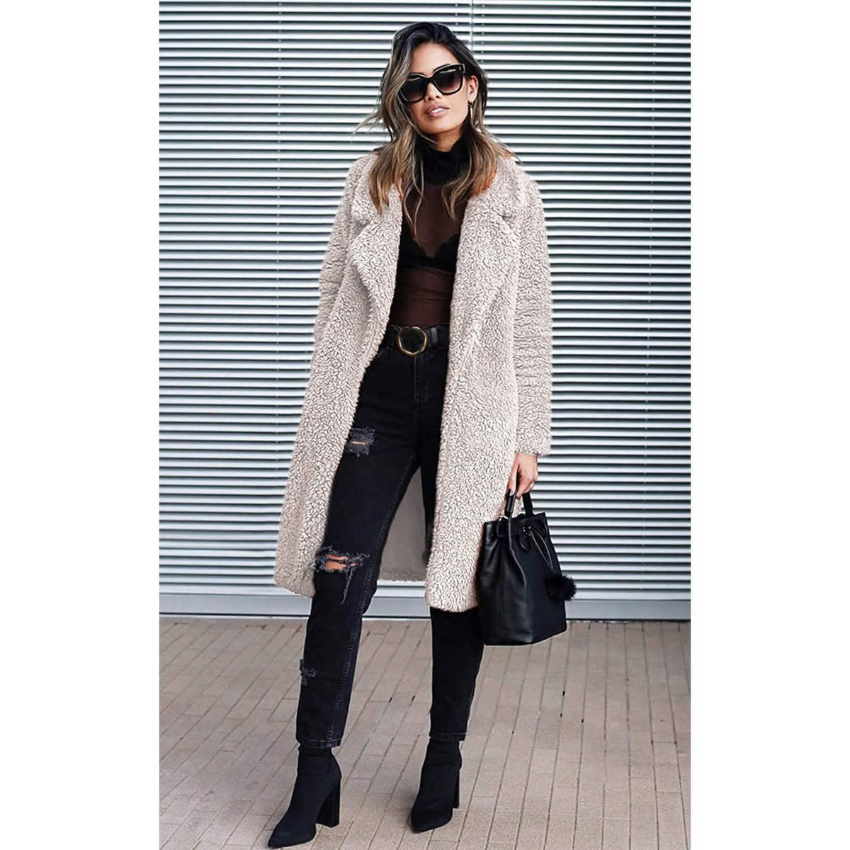 Light beige open-front fuzzy fleece long cardigan coat with lapel and long sleeves