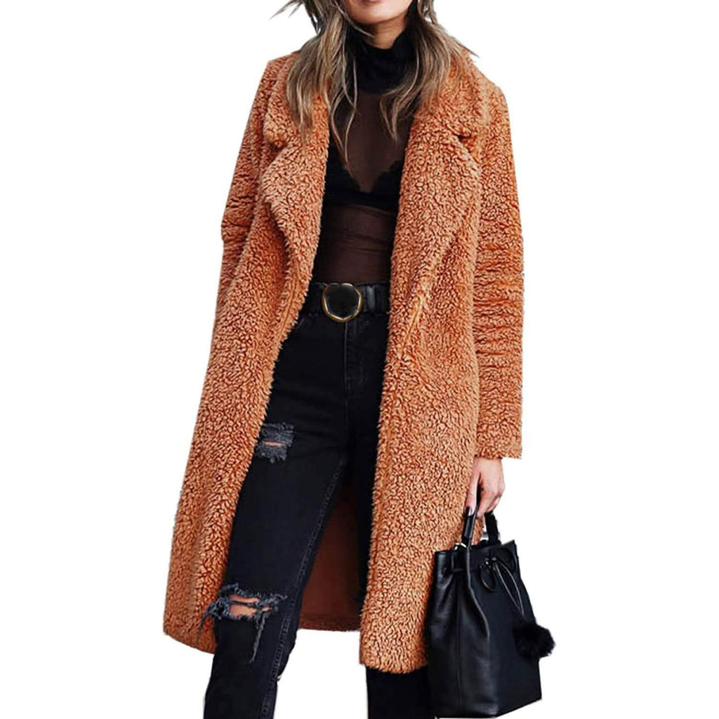 Apricot fuzzy fleece long cardigan coat with lapels and open front, front view