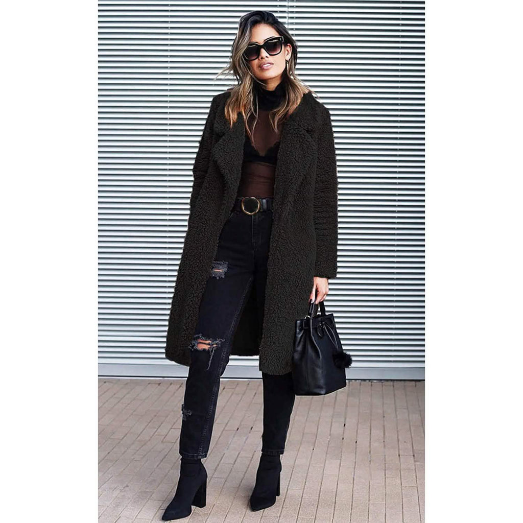 Black fuzzy fleece long cardigan coat with lapel open front, long sleeves