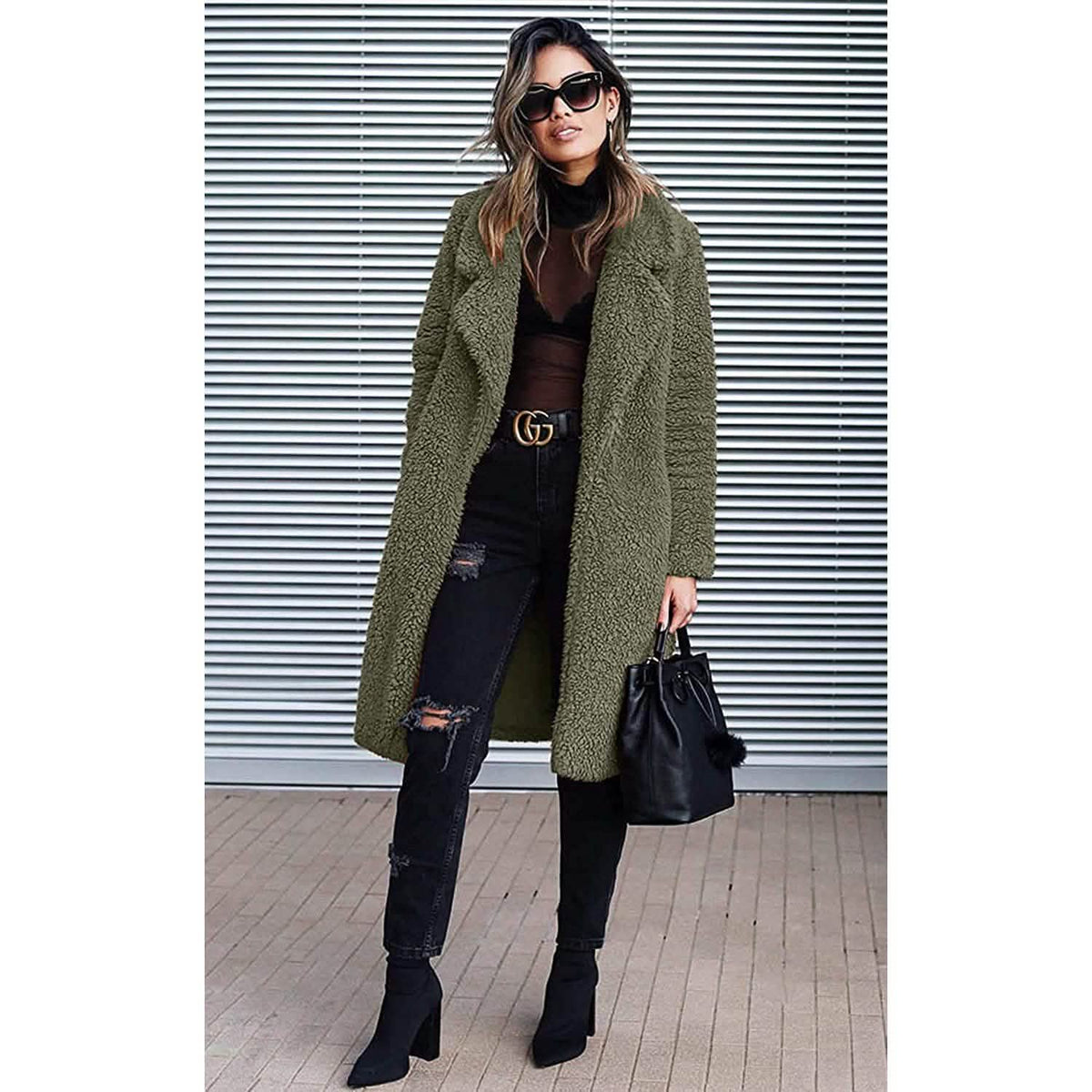 Olive-green fuzzy fleece long cardigan coat with lapels and open front