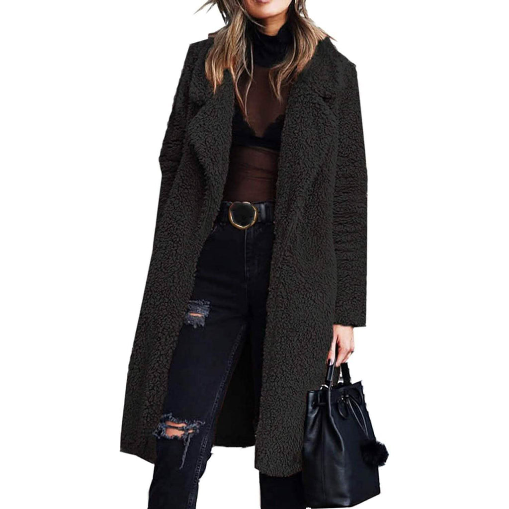 Black fuzzy fleece long cardigan coat with lapels and open front, front view