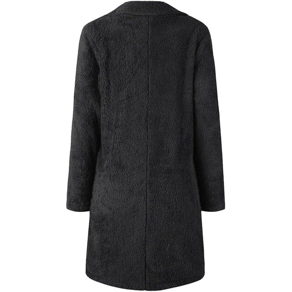 Black fuzzy fleece long cardigan coat back view with long sleeves and open front