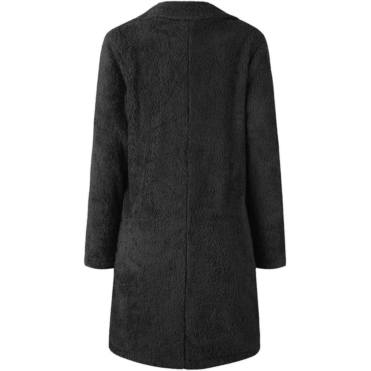Black fuzzy fleece long cardigan coat back view with long sleeves and open front