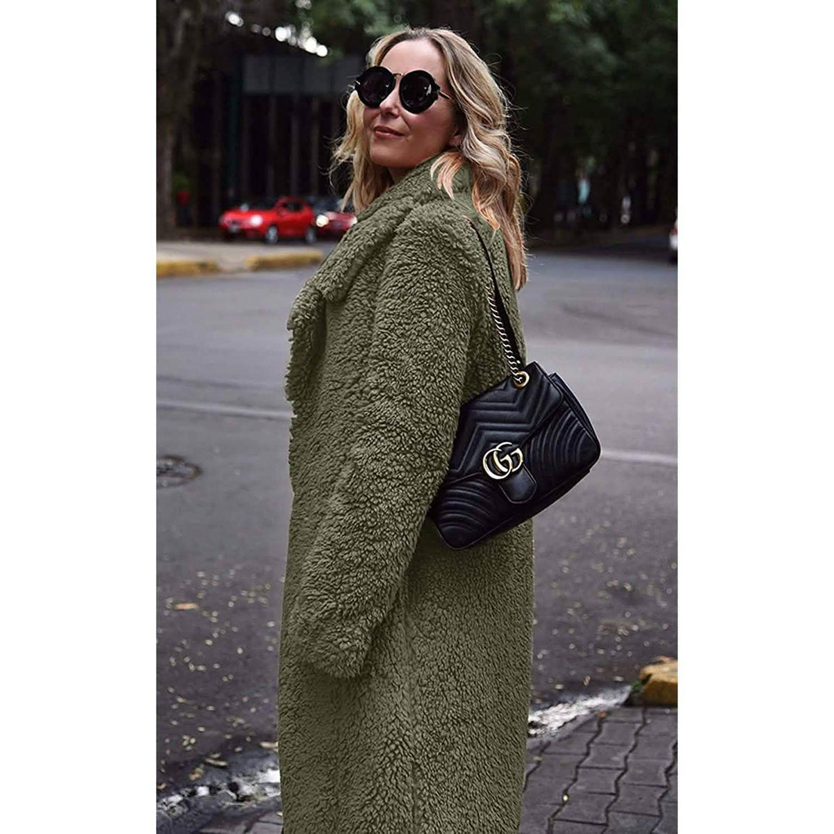 Olive-green fuzzy fleece long open-front cardigan coat with lapels
