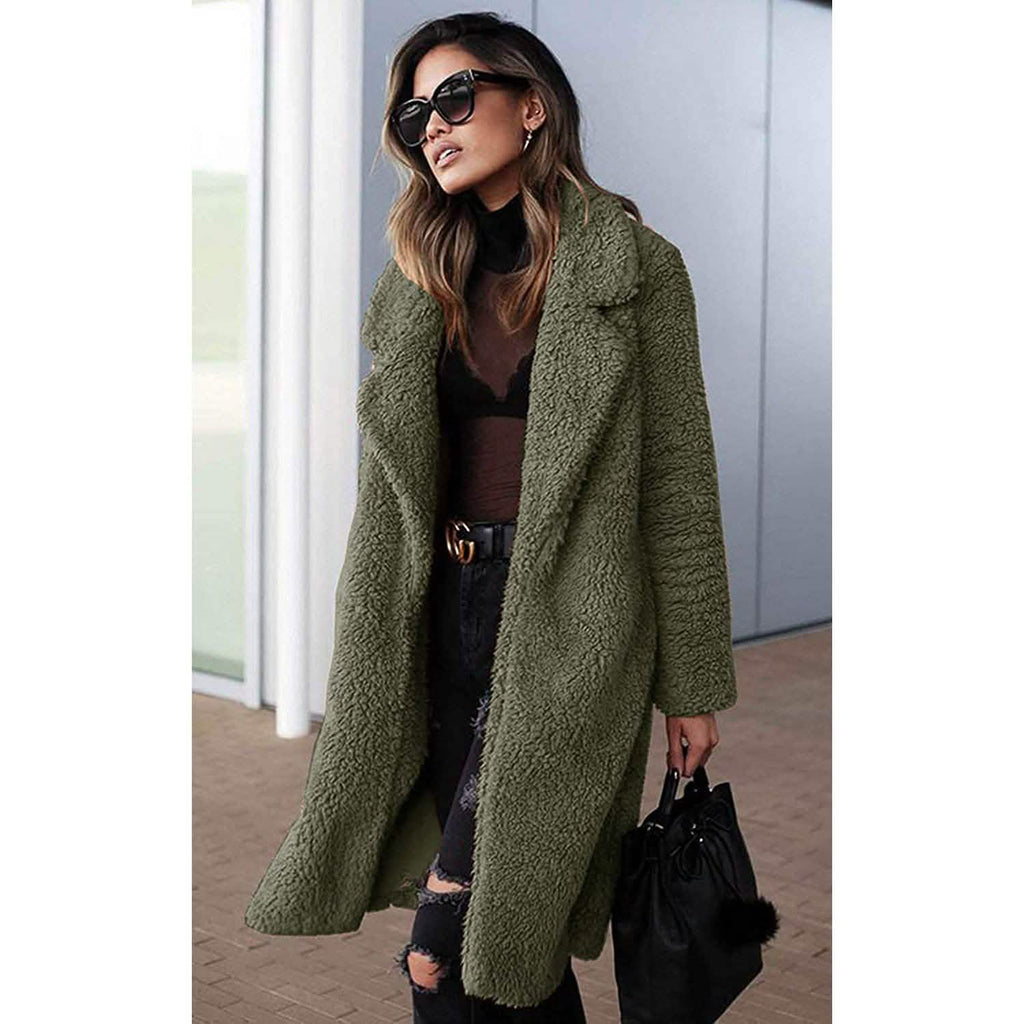 Olive-green fuzzy fleece long cardigan coat with lapels and open front