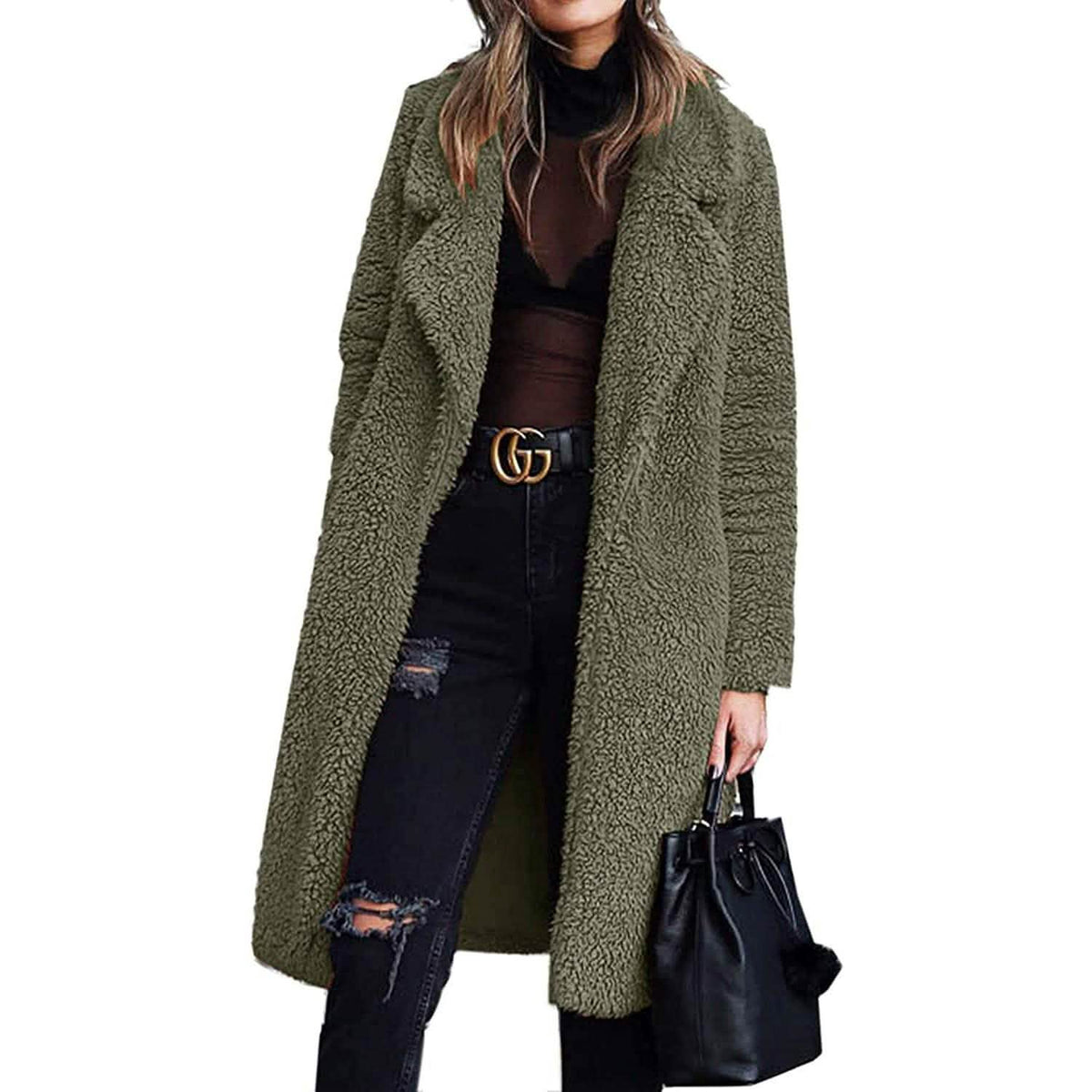 Olive-green fuzzy fleece long open-front cardigan coat with lapels