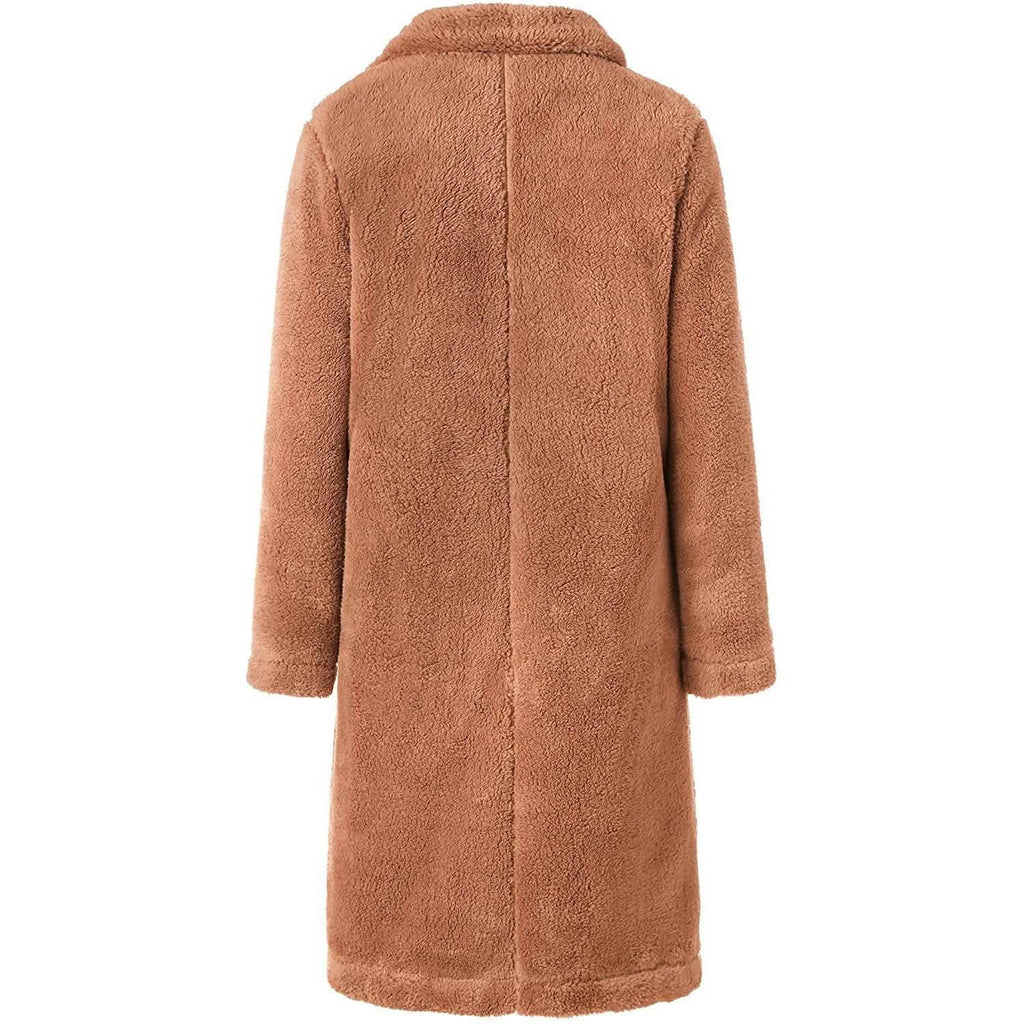 Apricot fuzzy fleece long cardigan coat, back view, long sleeves