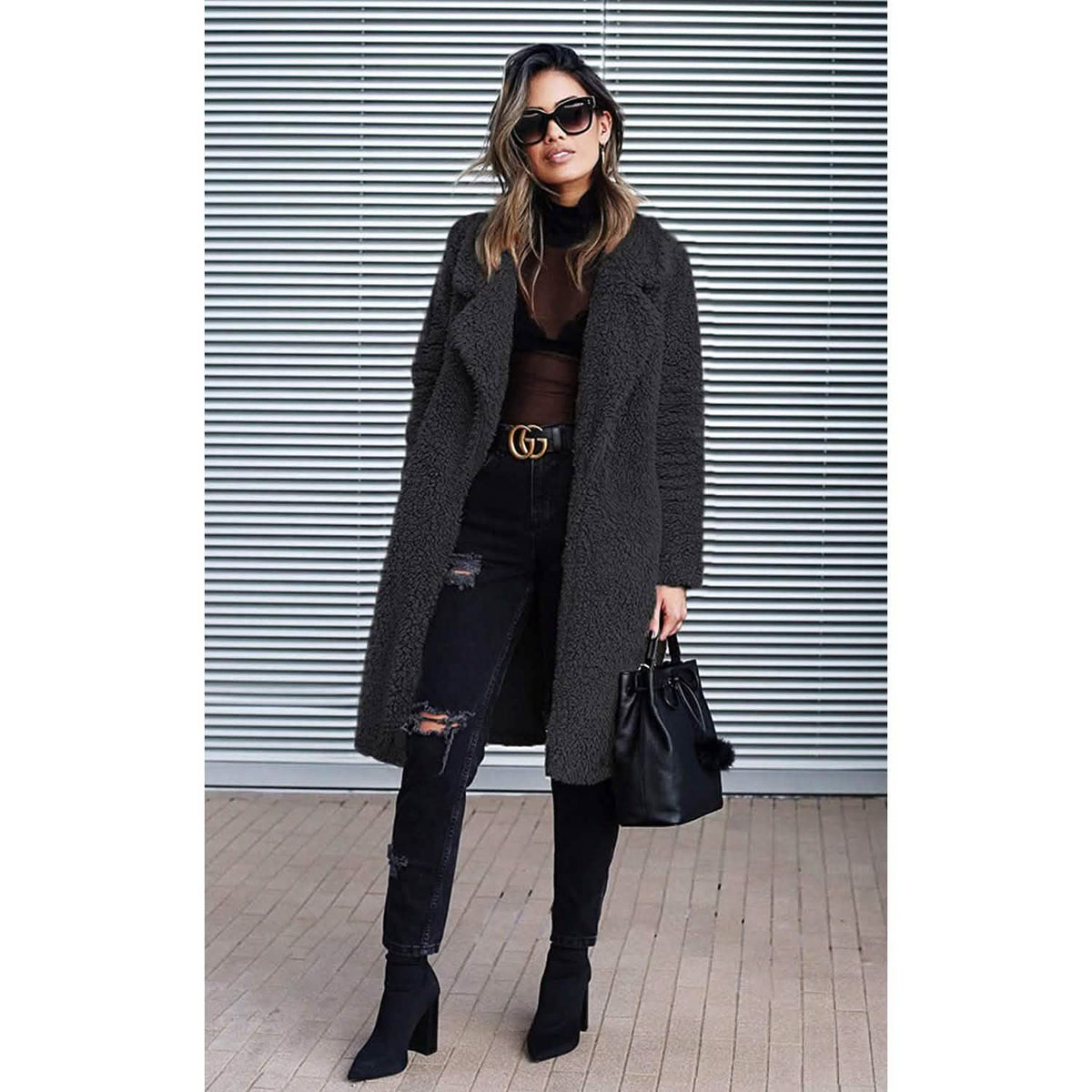 Black fuzzy fleece long cardigan coat with lapel and open front, full body view