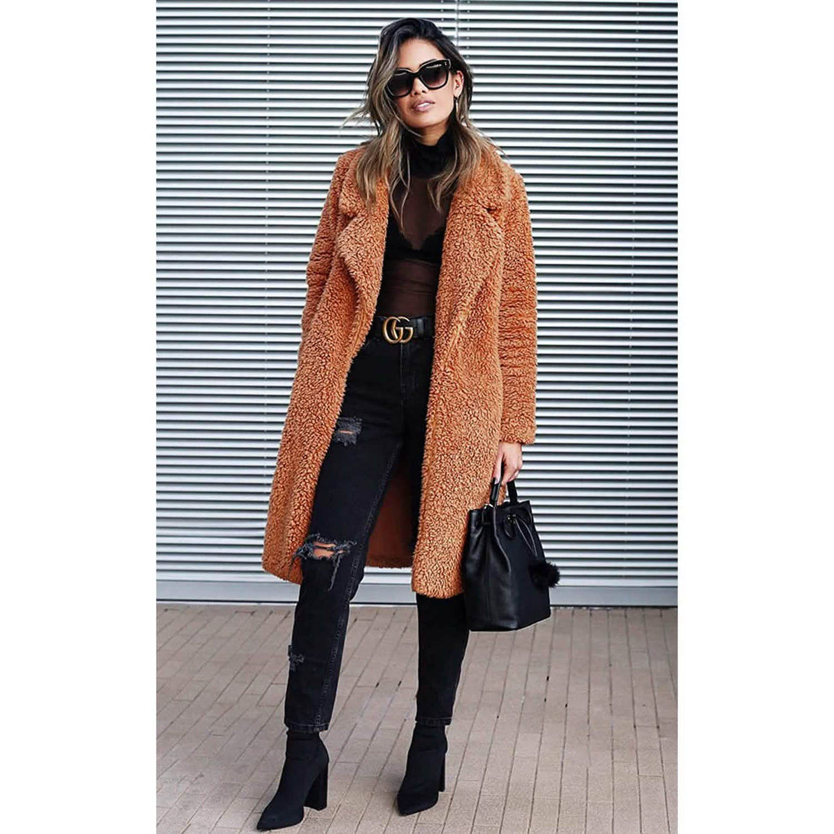 Apricot long fuzzy fleece open-front cardigan coat with lapels and long sleeves