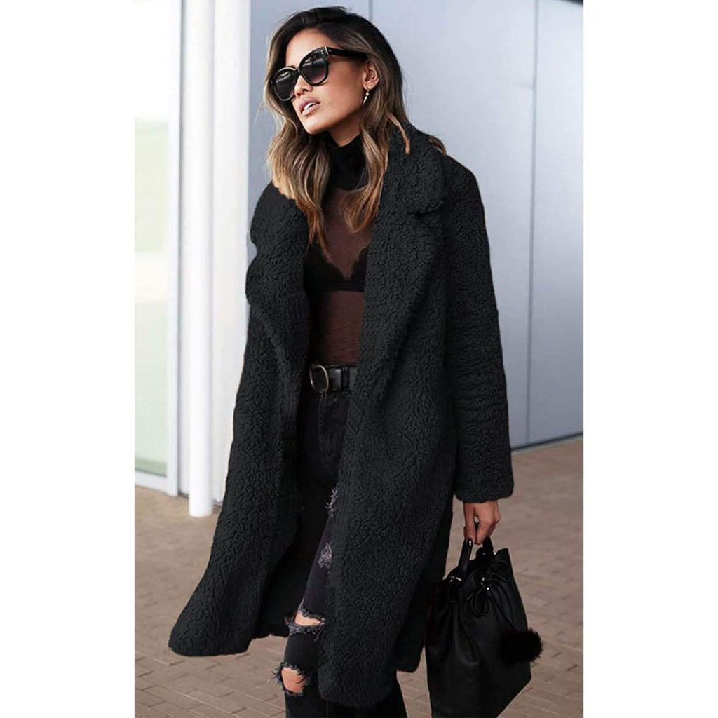 Women’s black fuzzy fleece long cardigan with lapel, open front, long sleeves