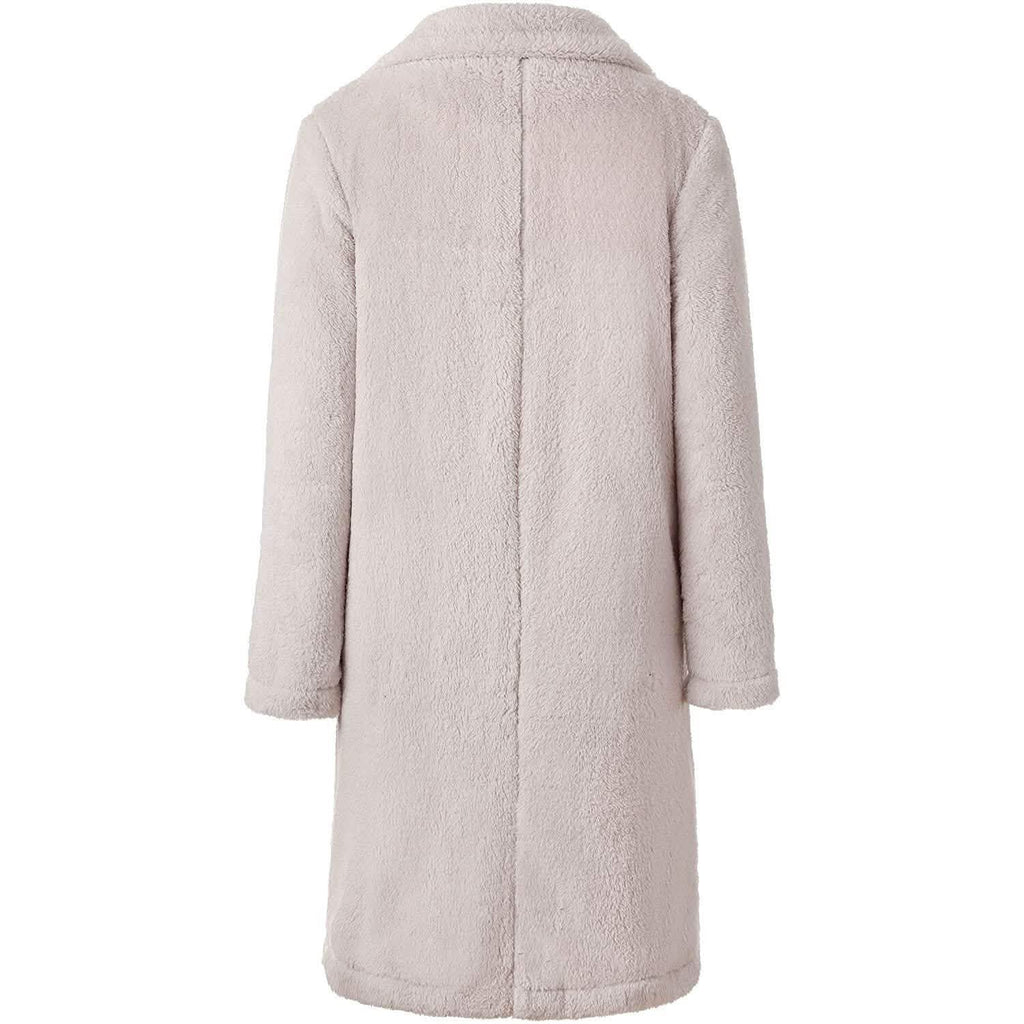 Light beige fuzzy fleece long cardigan coat back view with open-front shape