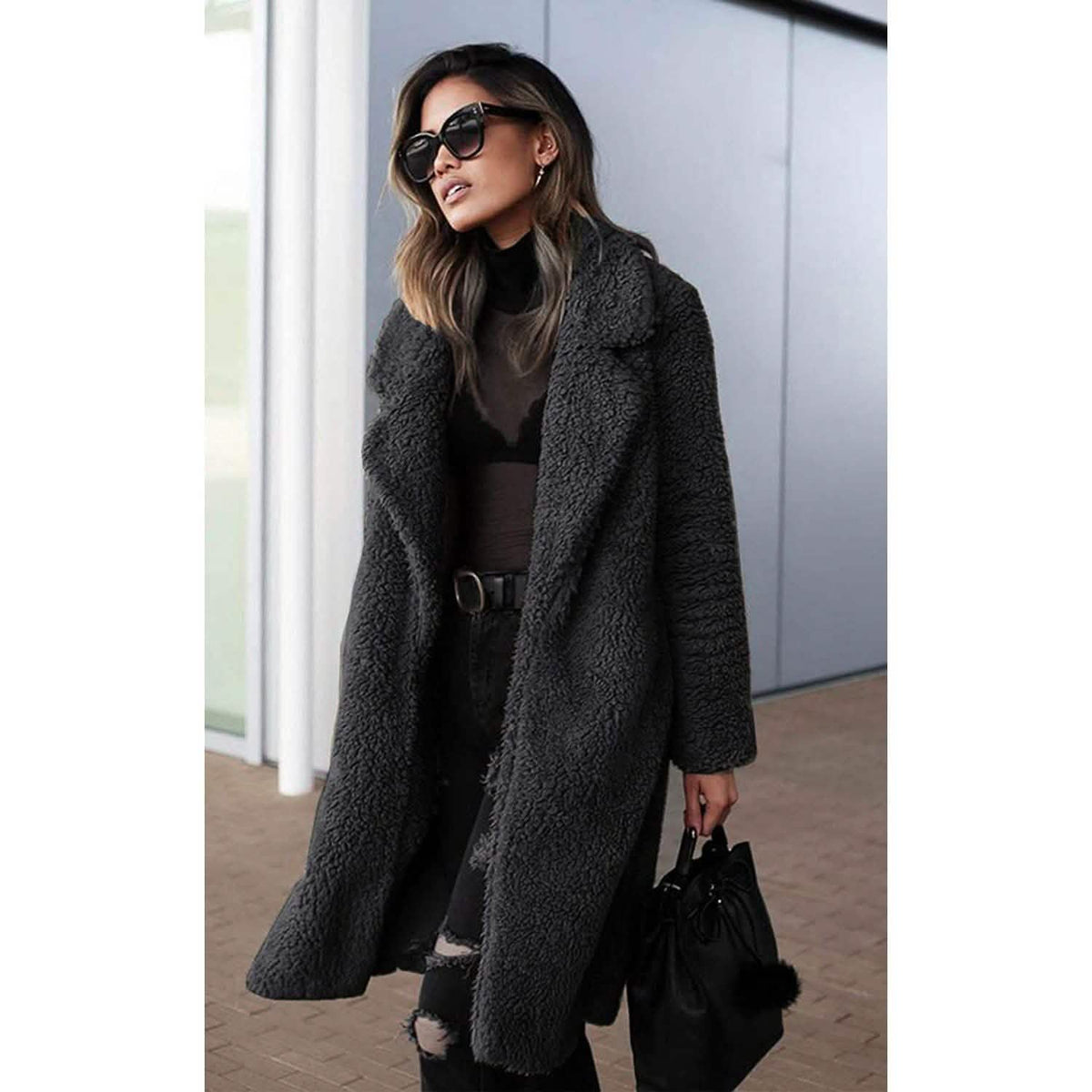 Dark gray fuzzy fleece long cardigan coat with lapel, open front, long sleeves