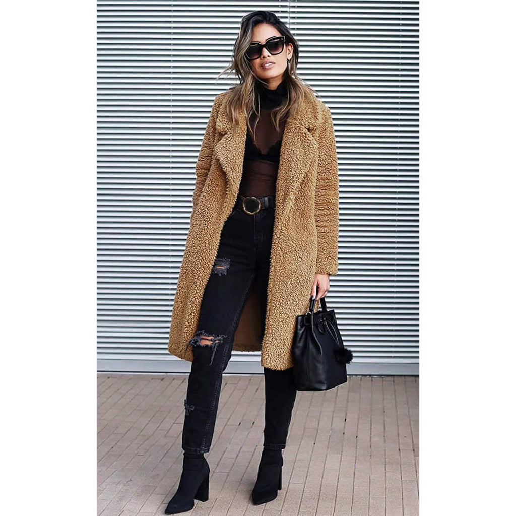 Women's fuzzy fleece long cardigan coat, tan, lapel open front, long sleeves.