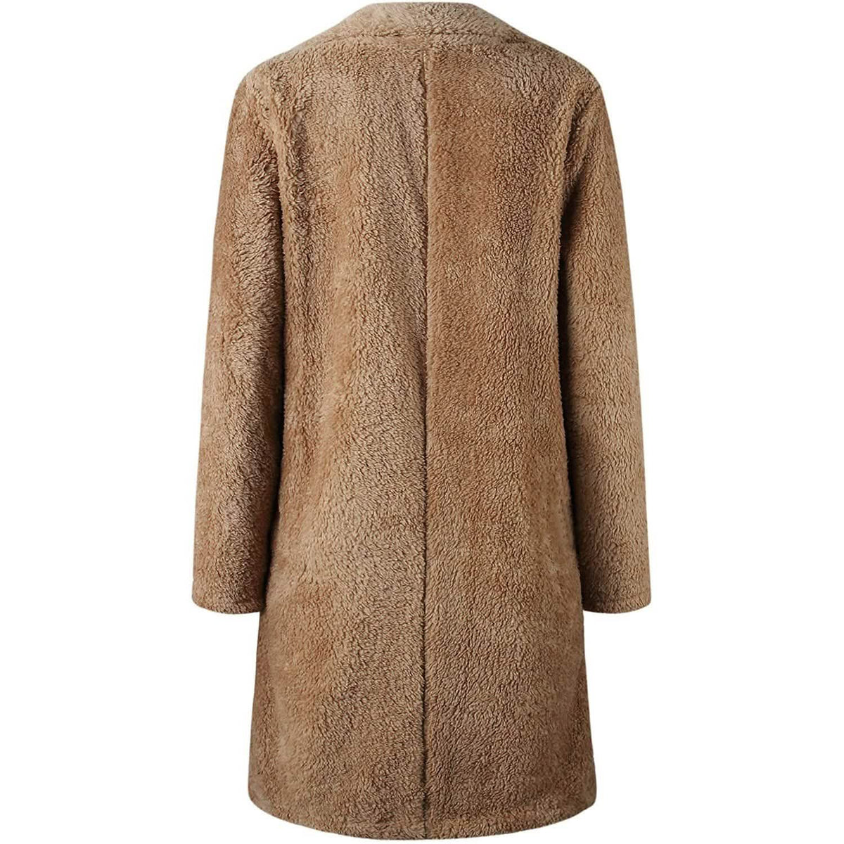 Women's fuzzy fleece long cardigan coat, lapel open front, tan, back view.