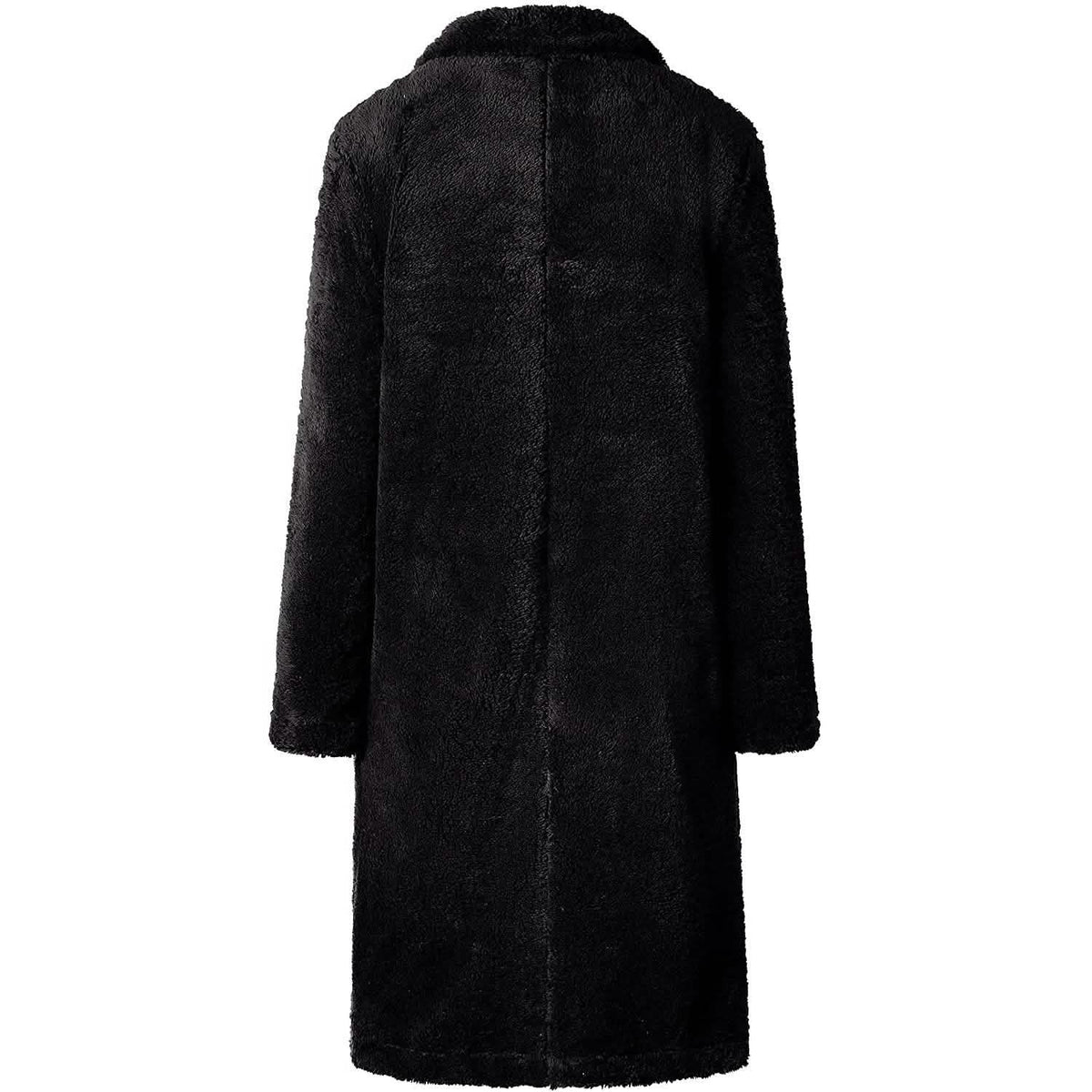 Black fuzzy fleece long cardigan coat, back view, long sleeves