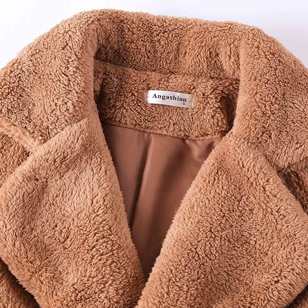 Apricot fuzzy fleece long cardigan coat with lapels and open front