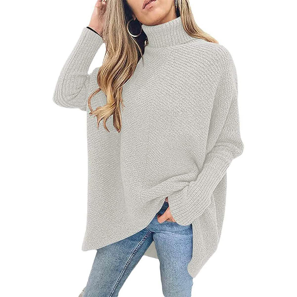 Light gray high-neck long sweater with ribbed turtleneck and long sleeves
