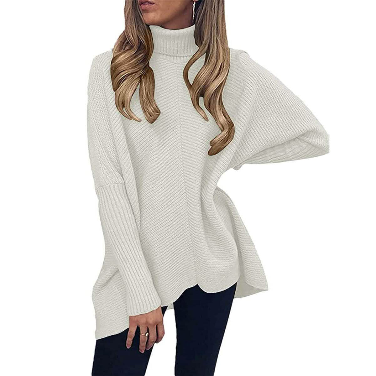 White high-neck sweater with textured knit, long sleeves, ribbed collar and cuffs