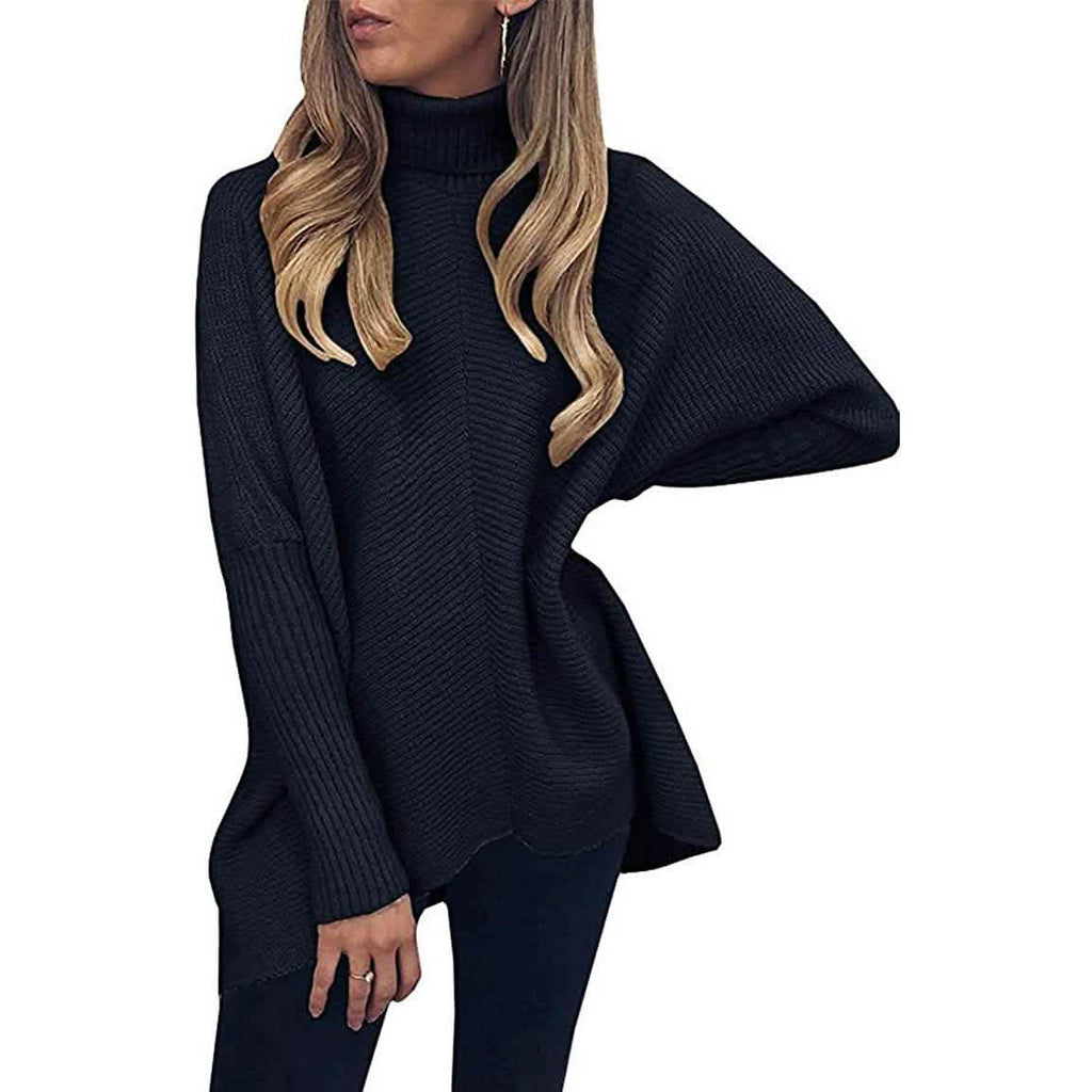 Black high-neck long sweater with chunky rib knit and asymmetrical hem