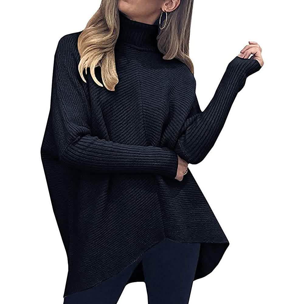 Black high-neck long sweater with ribbed turtleneck and high-low hem