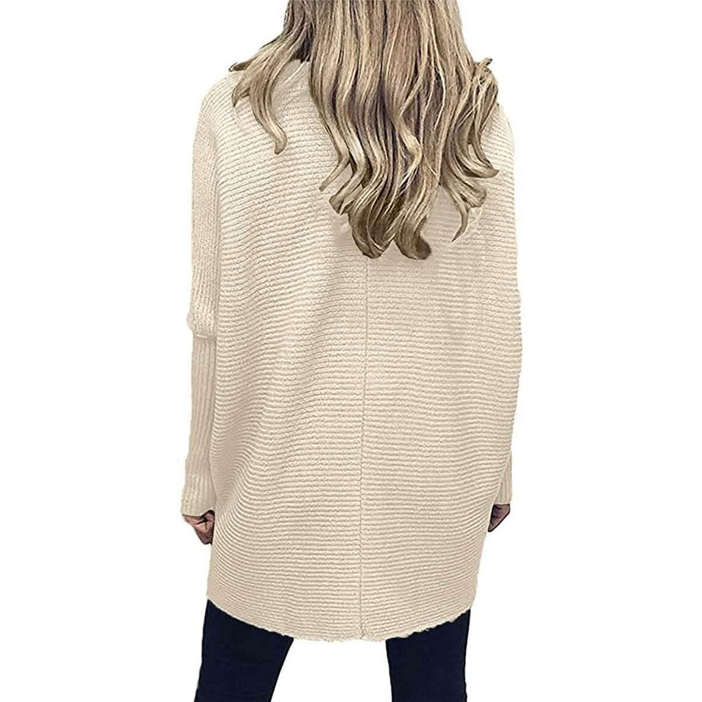 Cream high-neck long sweater with vertical ribbing and long sleeves