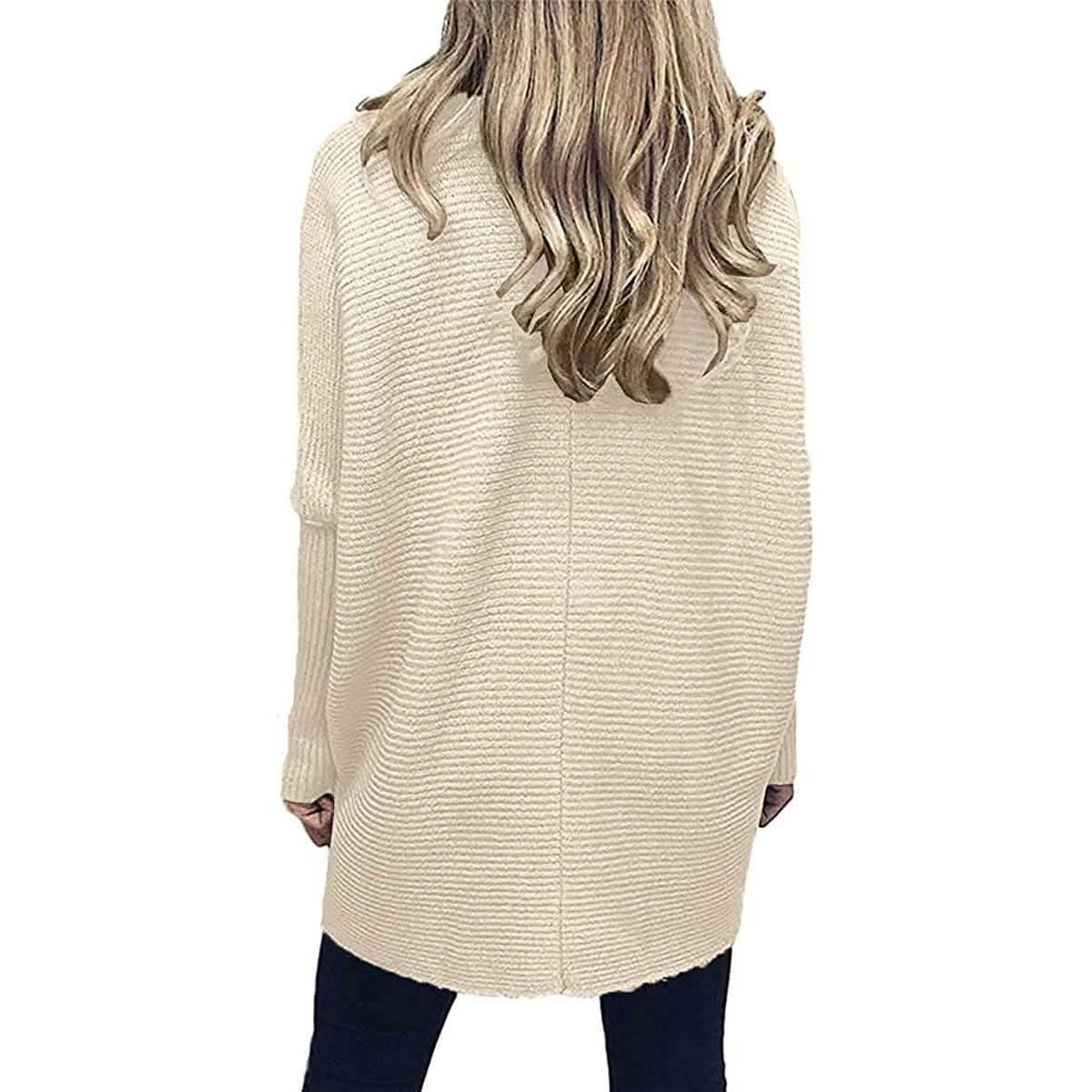 Cream high-neck long sweater with vertical ribbing and long sleeves