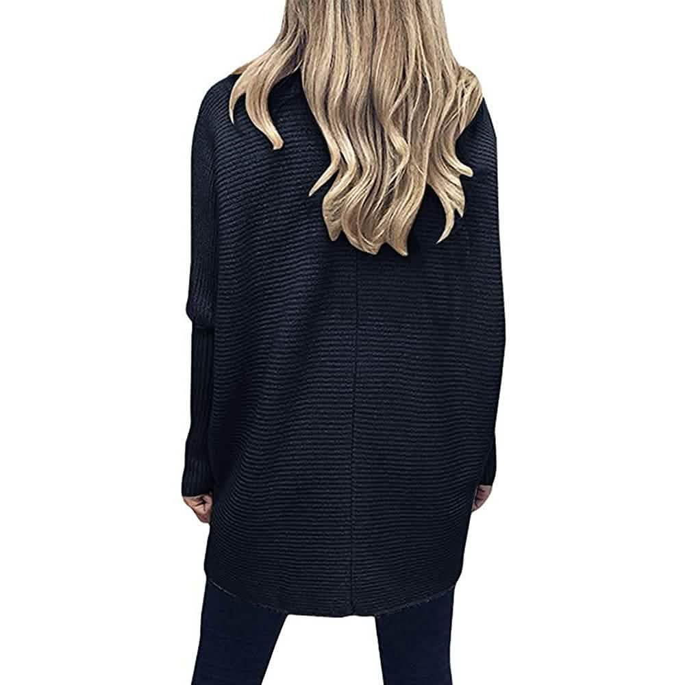 Black high-neck long sweater with vertical ribbed texture and long sleeves