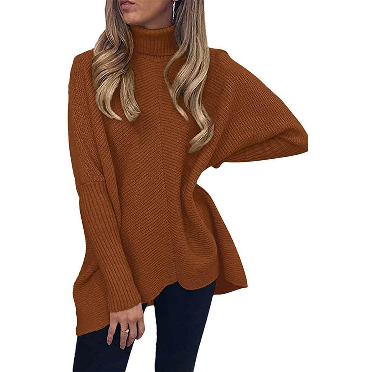 Brown high-neck knit sweater with ribbed collar and cuffs, long sleeves