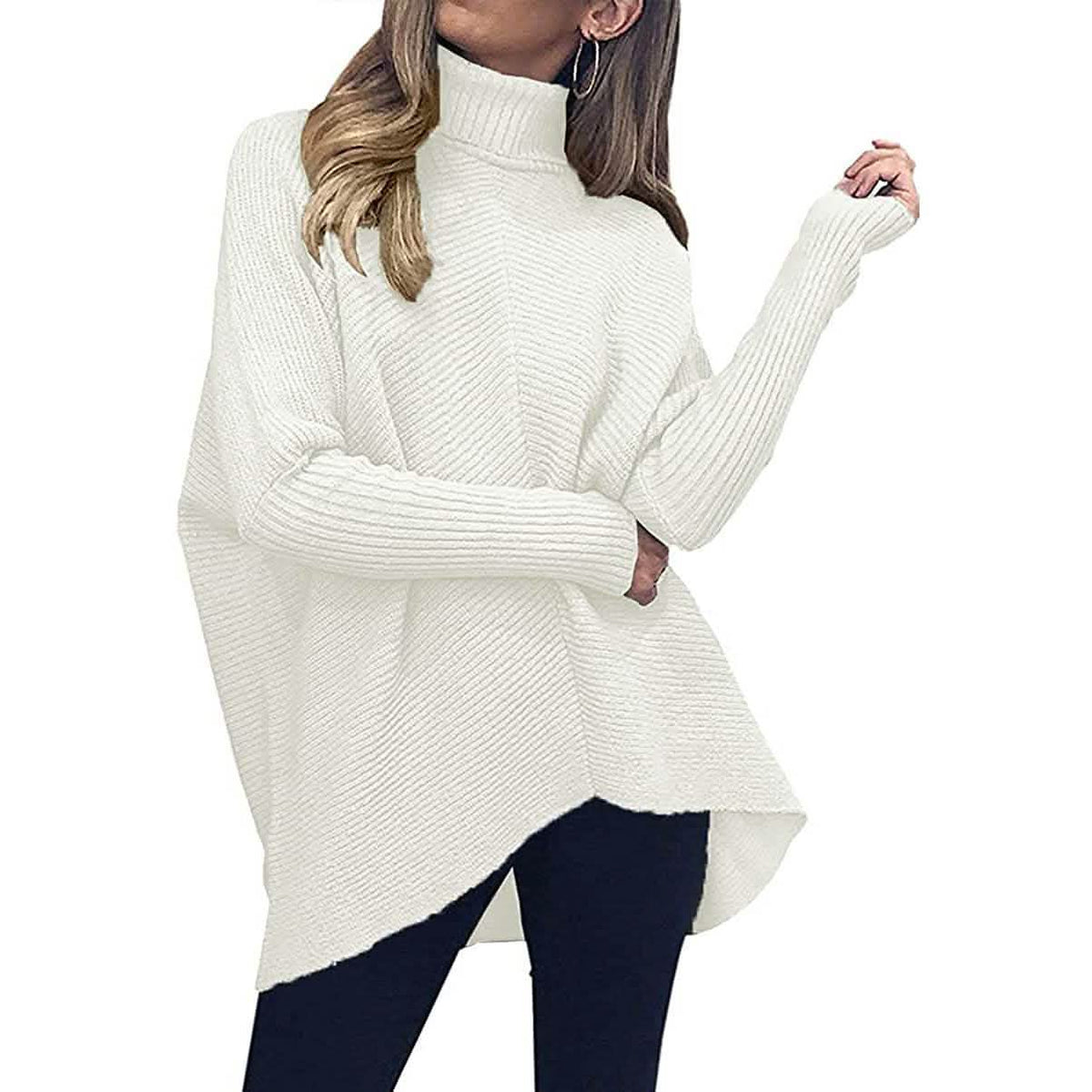White high-neck sweater with chunky knit texture, long sleeves, hip-length hem