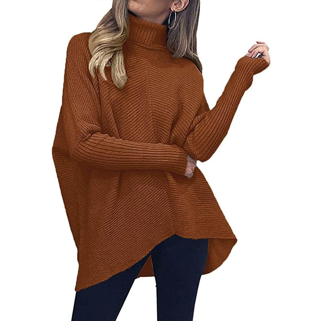 Brown high-neck long sweater with textured knit, long sleeves, ribbed neckline
