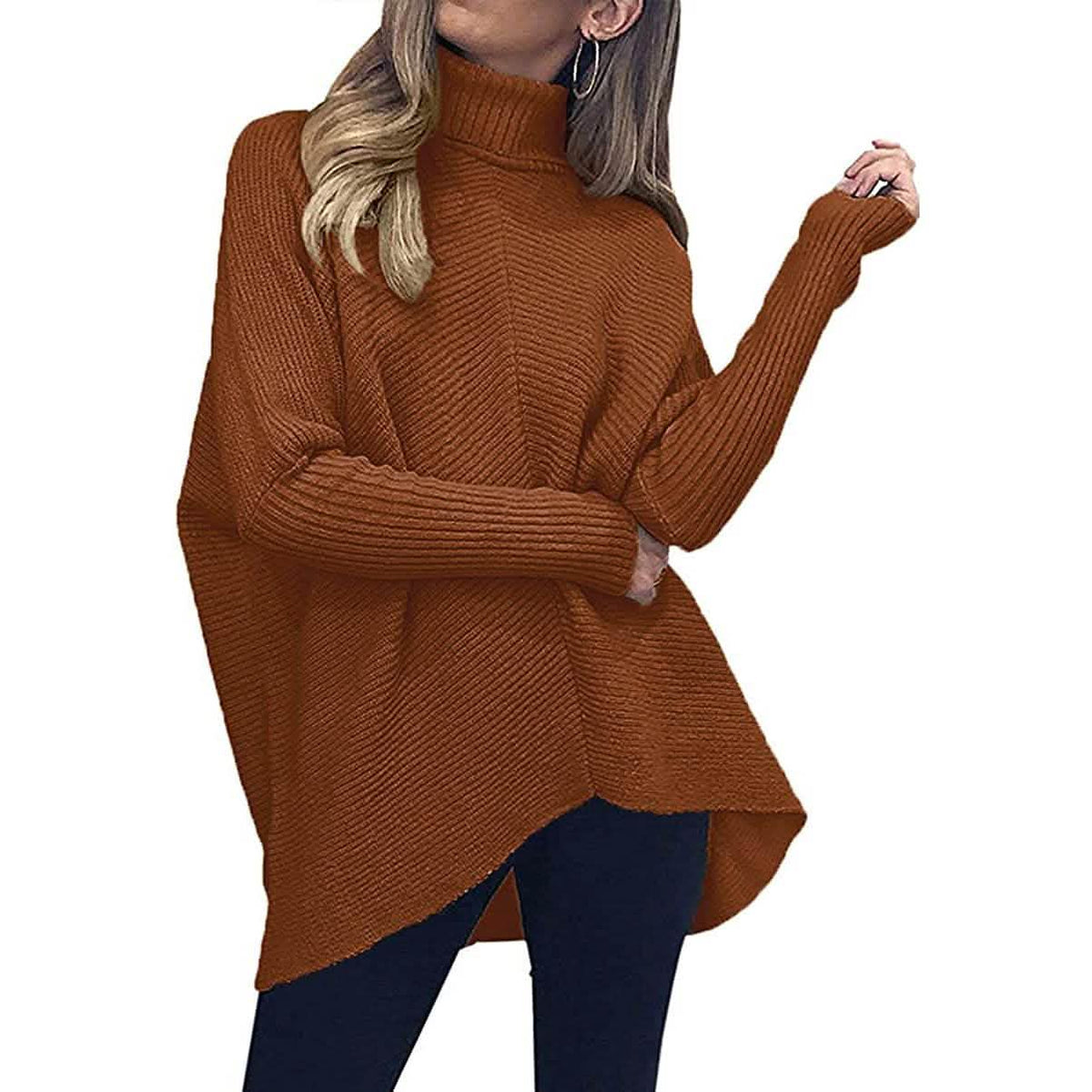 Brown high-neck long sweater with textured knit, long sleeves, ribbed neckline