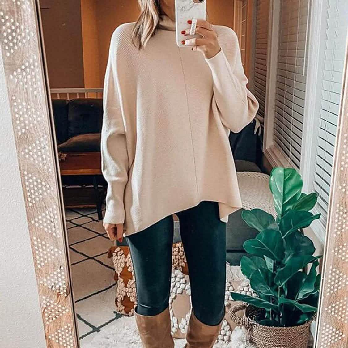 Off-white high-neck long sweater with long sleeves and side slits