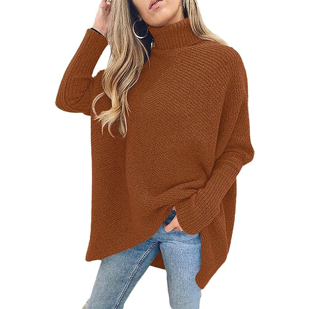 Rust-brown high-neck sweater with chunky knit texture, long sleeves, side drape