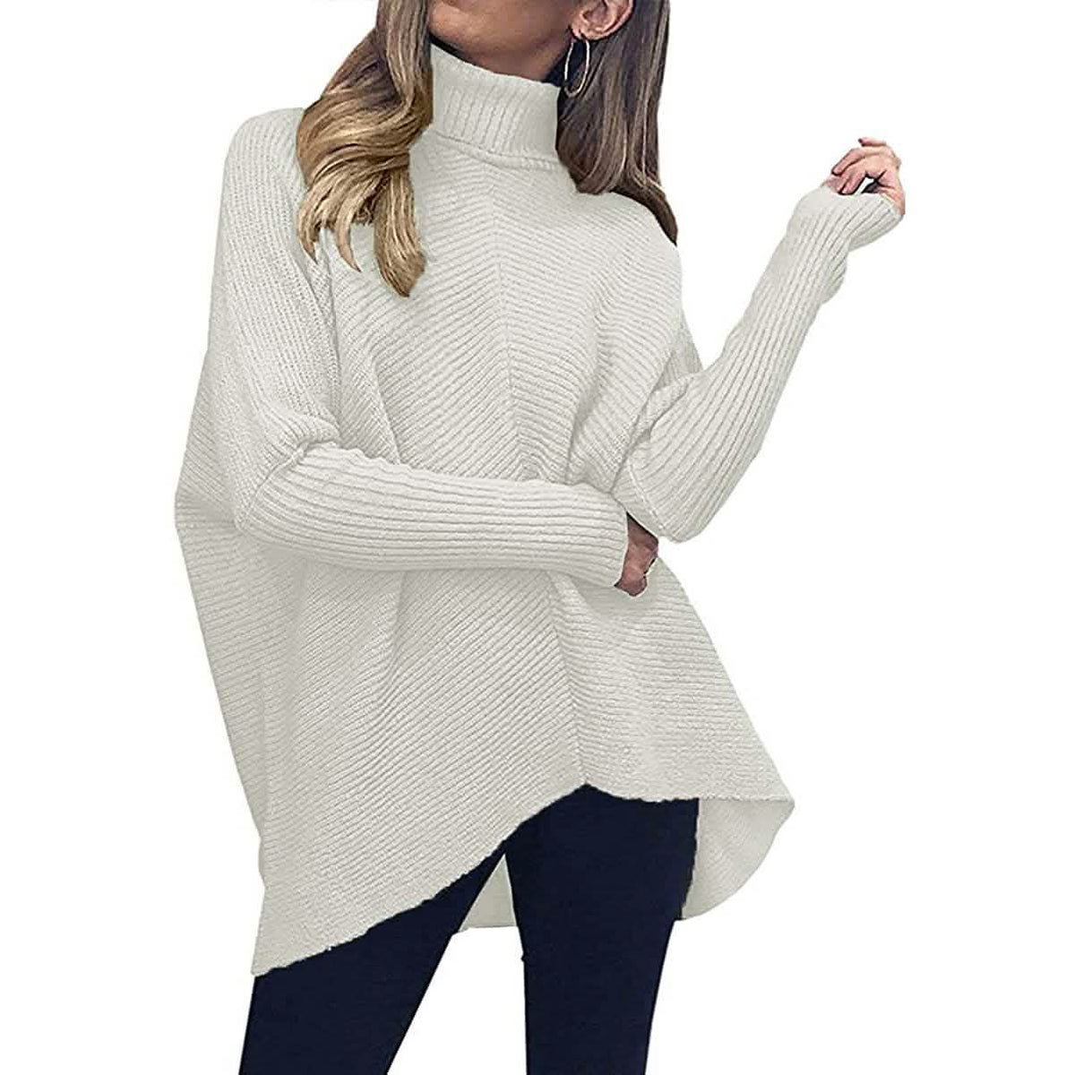 White high-neck long sweater with ribbed knit cuffs and relaxed fit