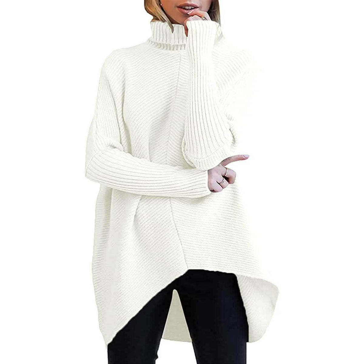 White high-neck long sweater with textured knit, long sleeves, ribbed neckline