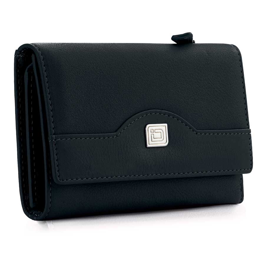 Black women’s leather trifold wallet with snap flap and metal logo on front